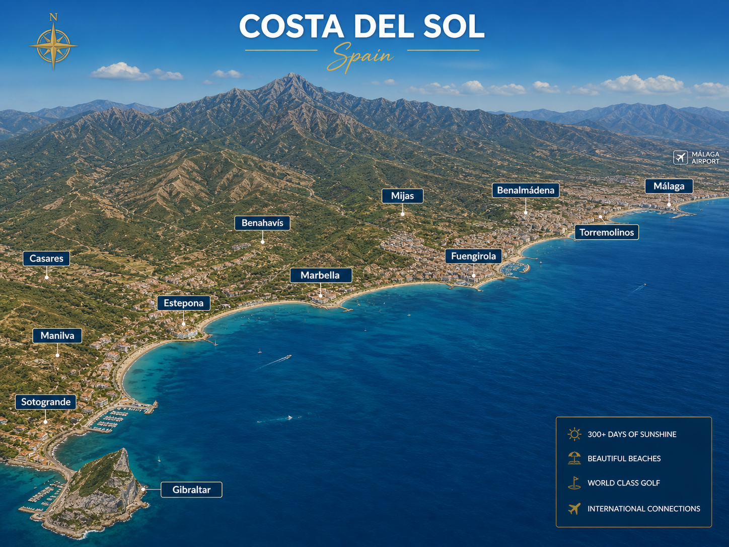 Costa del Sol map with Marbella Estepona Mijas Fuengirola Benalmadena Malaga Sotogrande Gibraltar property locations Spain