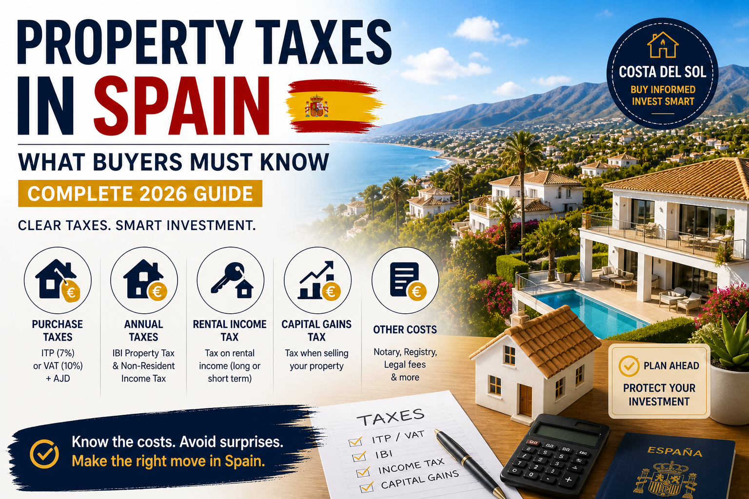 property taxes in Spain 2026 guide ITP VAT IBI capital gains Costa del Sol buyers