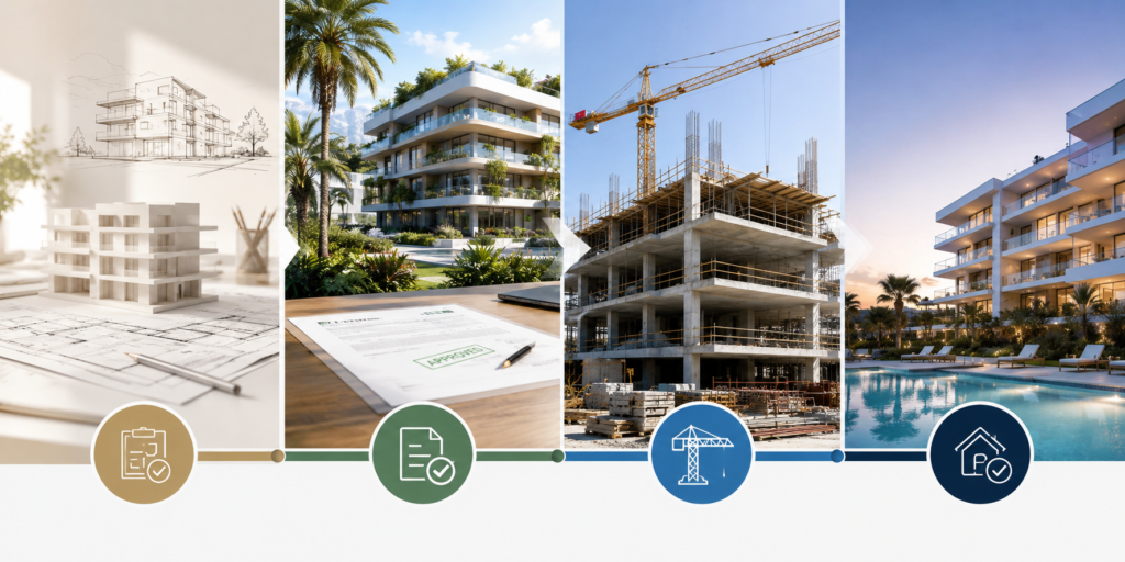 Visual representation of the different phases of a new development project on the Costa del Sol from planning to completed luxury apartments
