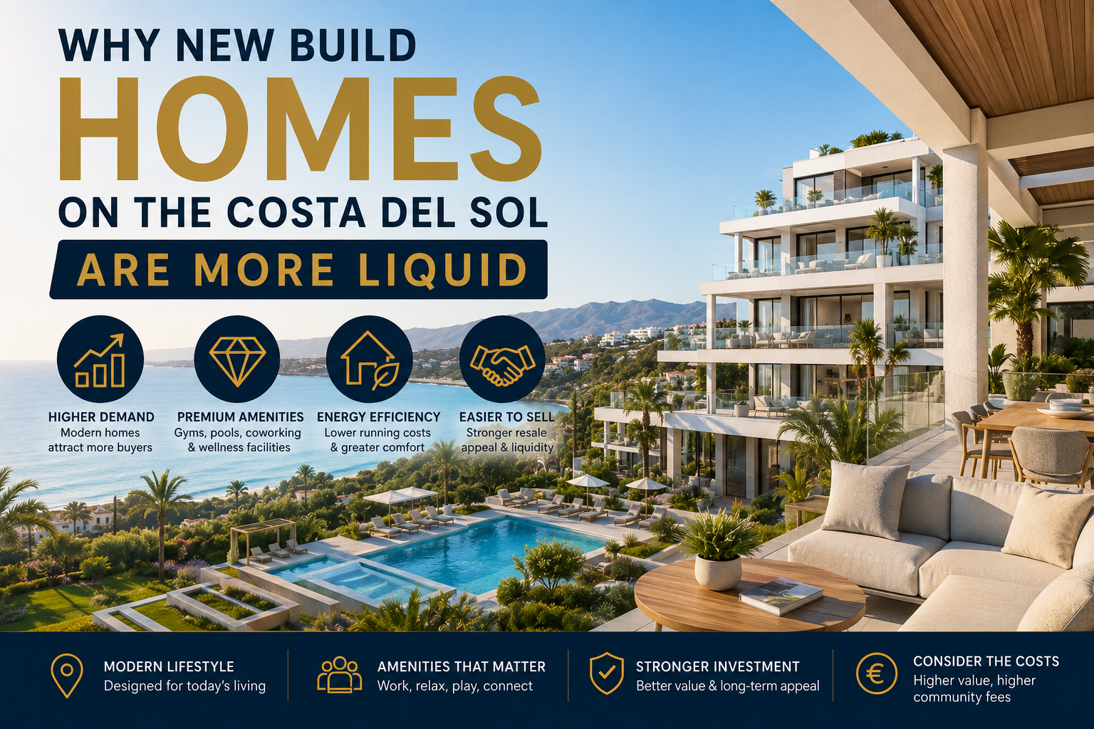 Modern new build homes on the Costa del Sol with pools and premium amenities that can increase buyer demand and resale appeal